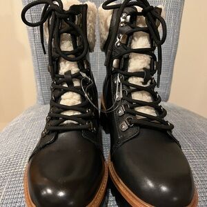 MARK FISHER BLACK WEDGE LACE UP BOOTS WITH FUR CUFF